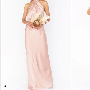 Show Me Your MUMU Jasmine Halter Maxi Dress in Rose Gold Luxe Satin